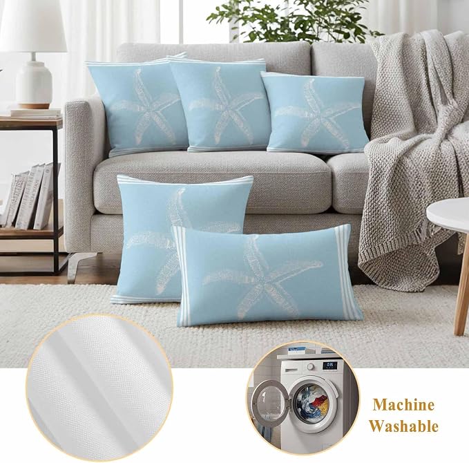Coastal Starfish Outdoor Waterproof Throw Pillow Covers 24"x24" Set of 2, Ocean Starfish Summer Stripe Sky Blue Decorative Garden Pillowcase with Zipper Cushion Case for Patio Couch Tent