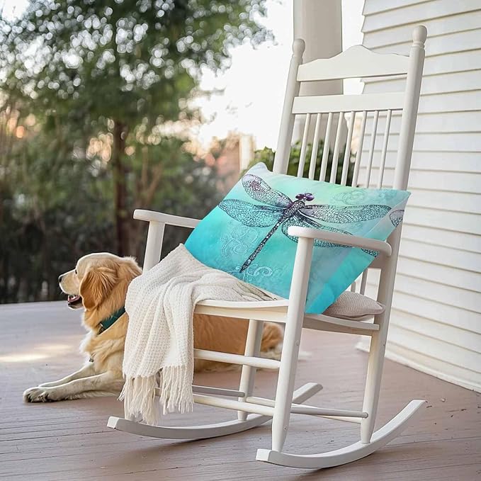 Vandarllin Outdoor Throw Pillows Covers 20x12 inch Set of 2 Waterproof Watercolors Dragonfly Decorative Zippered Cushion Covers for Patio Furniture, Teal Painting Lumbar Pillowcases