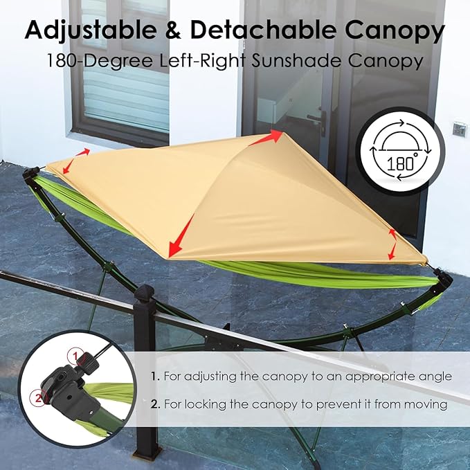 Portable Outdoor/Garden Hammock with Folding StandStand, Adjustable Sunshade Canopy and Storage Bag, Adult/Child Hammock Chair for Camping, Home Gardens, Hotels, Beaches,Forest (Green)