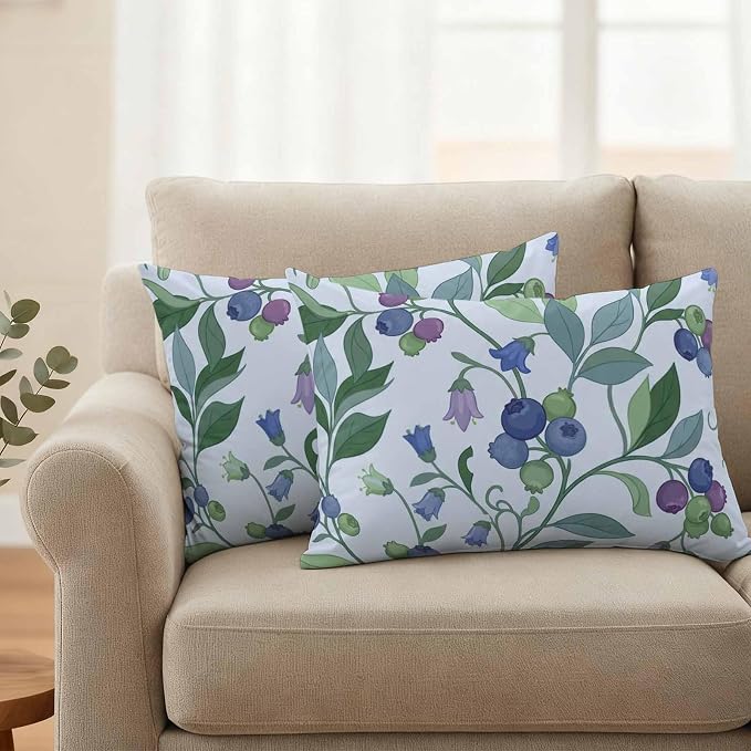 Blueberry Leaves Outdoor Pillow Covers 20"x12" Set of 2, Watercolor Blue Purple Fruit Floral Leaf Blue Waterproof Throw Pillow Covers for Patio Furniture, Decorative Cushion Covers for Porch