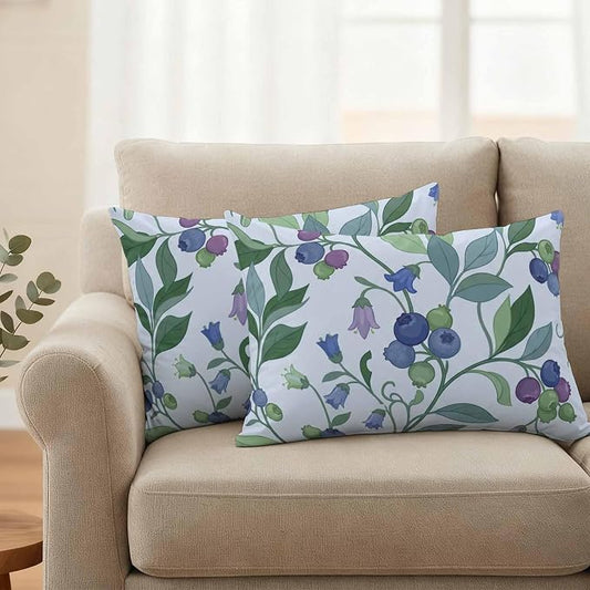 Blueberry Leaves Outdoor Pillow Covers 20"x12" Set of 2, Watercolor Blue Purple Fruit Floral Leaf Blue Waterproof Throw Pillow Covers for Patio Furniture, Decorative Cushion Covers for Porch