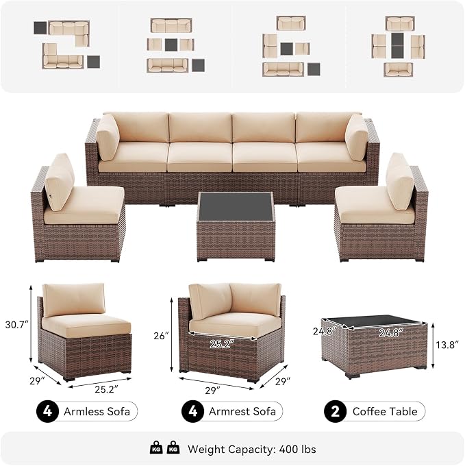 LazySunsets 10-Piece Patio Furniture Set, Wicker Rattan Outdoor Furniture with Thick Cushions, Patio Conversation Sets with Coffee Table, Outdoor Sectional Couch Sofa, Beige