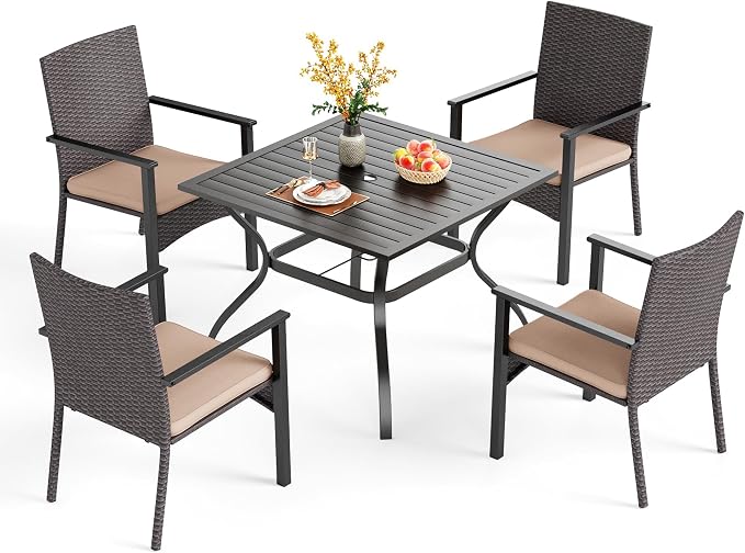 PHI VILLA 5 Piece Outdoor Dining Set for 4, 37" Square Metal Wrought Iron Table with Umbrella Hole & Cushioned Rattan Wicker Chairs, Modern Furniture for Patio, Deck, Backyard, Porch