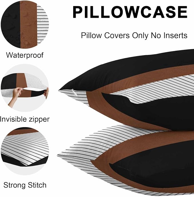 Waterproof Pillow Covers Set of 2 16x16 Inch Brown Black Lines Outdoor Cushion Covers Boho Style Decorative Pillow Cases for Patio, Sofa, Couch, Garden, Balcony