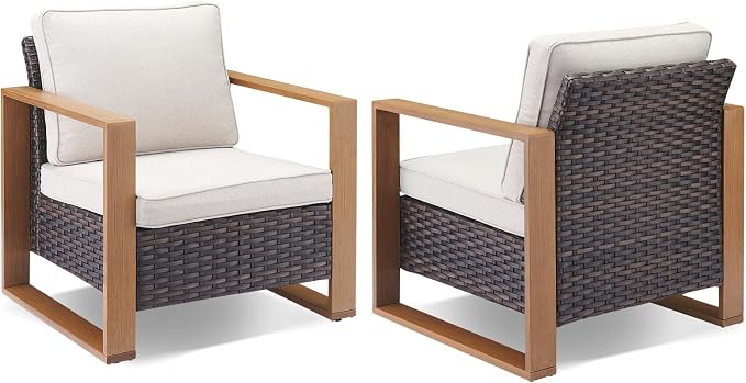 Rilyson Outdoor Wicker Patio Furniture Set - 5 Piece Patio Conversation Set with 2 Wicker Armrest Chairs,2 Rattan Ottoman and 1 Couch,Sturdy Frame,Thick Cushions,Deep Seating(Brown/Beige)