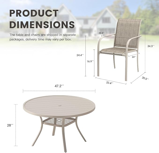 7 Pieces Outdoor Dining Set, Stackable Textilene Paito Chairs & 47.2" Round Dining Table with Umbrella Hole and Shelf, Patio Dining Set for Backyard, Deck, Garden, Sandshell