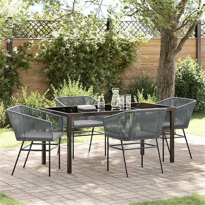 Afuera Living 5-Piece Powder-Coated Steel Patio Dining Set, Gray Finish, Includes Cushioned Chairs and Rectangular Table with Tempered Glass Top, UV-Resistant Materials, Modern Outdoor Furniture for