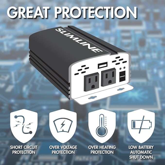 Wagan EL3718 800W Slim Line AC to DC Power Inverter 800W TrueRated Continuous 1600W Surge Power DC 12V to AC 110V Power Inverter with 2 AC Outlets and 2A USB Charging Port