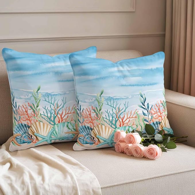 Throw Pillow Covers 24x24 Inch Set of 2, Summer Nautical Waterproof Outdoor Pillow Covers, Coastal Beach Starfish Coral Shell Blue Decorative Cushion Pillowcases for Couch, Sofa, Bed, Garden, Patio