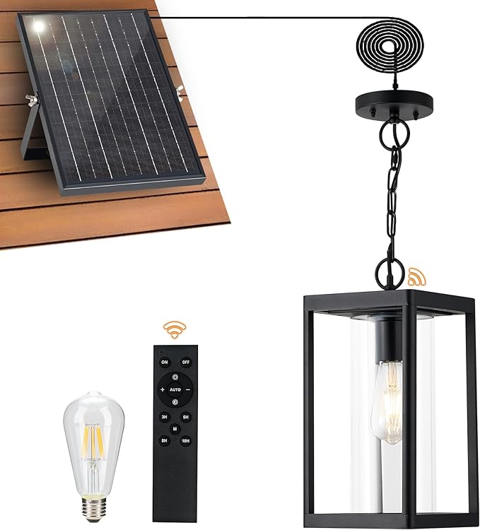Beionxii 15" Solar Outdoor Pendant Light,Farmhouse Exterior Hanging Lantern | Anti-Rust Aluminum, Waterproof, Dusk to Dawn Modern Outside Chandelier w/Remote and Bulb for Coastal, Porch, Patio, BXA291-SH