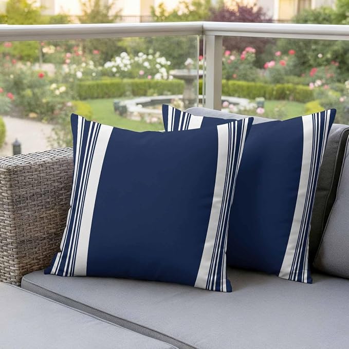 Farmhouse Navy Blue Outdoor Waterproof Throw Pillow Covers 18x18 Set of 2, Aesthetic Modern Line Striped Decorative Pillowcases Cushion Pillowcase for Couch Sofa Patio Outside Pillow Protector