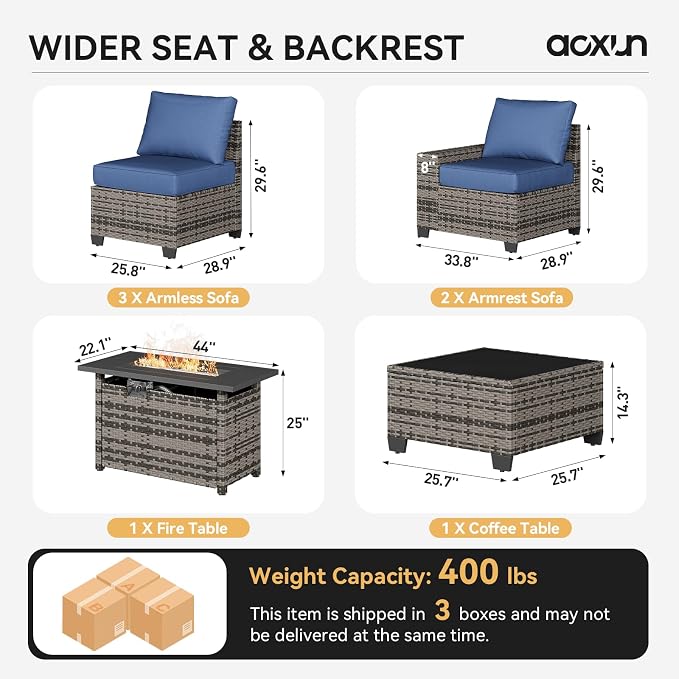 Aoxun Outdoor Patio Furniture Set with 44'' Fire Pit Table, 7 Pcs Outdoor Patio Furniture Sets with 4in Thicken Cushion, Widen Armrests Wicker Outdoor Sectional for Backyard, Navy Blue