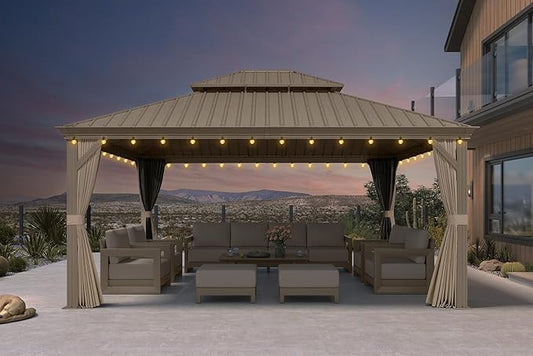 PURPLE LEAF Outdoor Gazebo 14'X16'，Champagne Hardtop Gazebo with Galvanized Steel Double Roof, Permanent Patio Gazebo with Curtains and Netting for Patio Lawn Garden and Deck