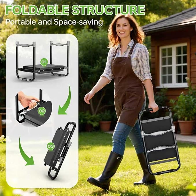 Garden Kneeler and Seat, Foldable Ergonomic Kneeling Bench with Tool Pouch 400 Lbs (Black)