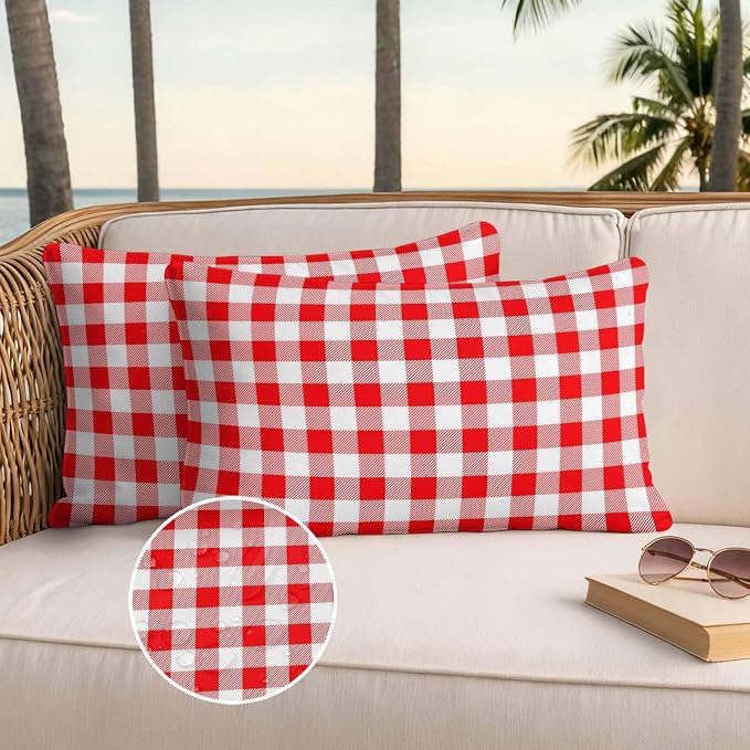 Red White Plaid Waterproof Outdoor Pillow Covers Set of 2 Home Decor Modern Farmhouse Buffalo Check Gingham Pillowcase Patio Pillow Covers for Couch Bench Furniture Garden 20x12in