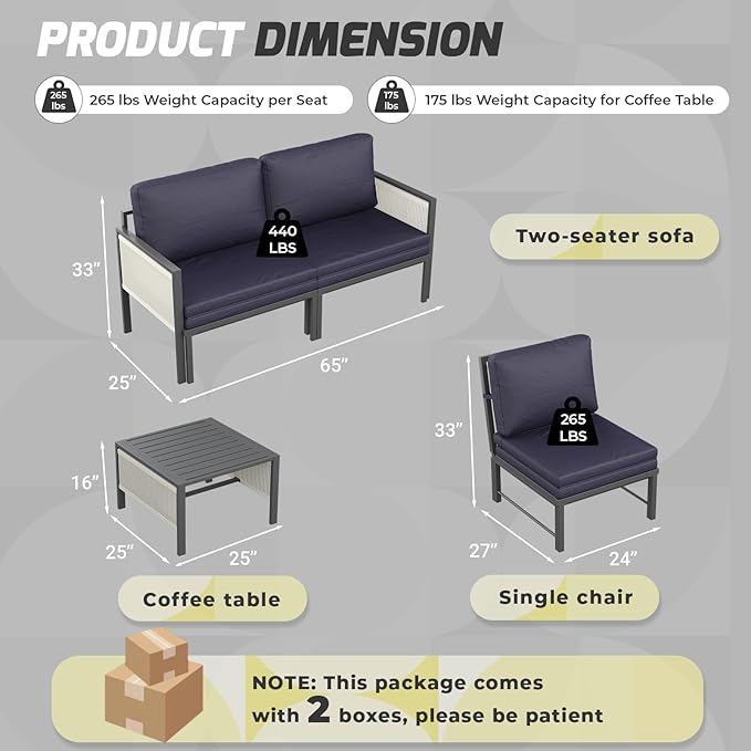AECOJOY Aluminum Patio Furniture Set 8 Seats Outdoor Sectional Couch with Coffee Central Table Patio Conversation Sets for Porch Deck (Dark Blue, 8PCS, 8 Seat)