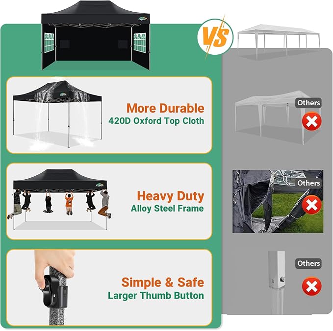 COBIZI 10x15 Pop up Canopy Tent Heavy Duty, Easy Set-up Commercial Outdoor Party Tent, 100% Waterproof Wedding Tents Gazebo, 3 Height Adjustable with Handbag, Black