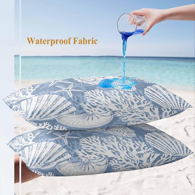 Lumbar Pillow Covers 20x12 Inch Set of 2, Lake Blue Starfish Coastal Waterproof Outdoor Pillow Covers, Summer Coral Shell Beach Nautical Decorative Cushion Pillowcases for Couch Sofa Bed Garden Patio