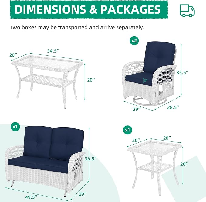 VIVIJASON 5-Piece Patio Wicker Conversation Set, All Weather Outdoor Rattan Furniture Set Includes Glider Loveseat, 2 Coffee Table, 2 Swivel-Gliders Chairs with Cushions, White/Navy Blue