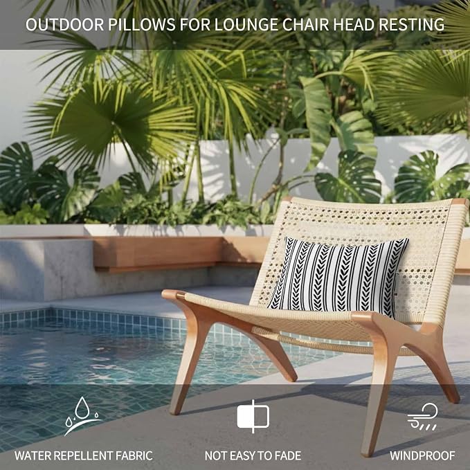 1PCS Outdoor Pillow for Chaise Lounge Chair Geometric White Black Leaves Stripe Waterproof Headrest Cushion with Insert Modern Ethnic Texture Lumbar Pillow for Beach Patio Poolside Office,11x16in