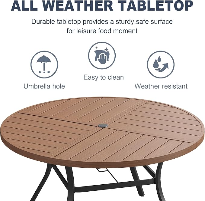 VICLLAX Patio 7 Pieces Outdoor Dining Set, 53" Round Metal Table with Umbrella Hole and 6 Swivel Textilene Chairs for Lawn, Garden, Porch,Walnut/Brown
