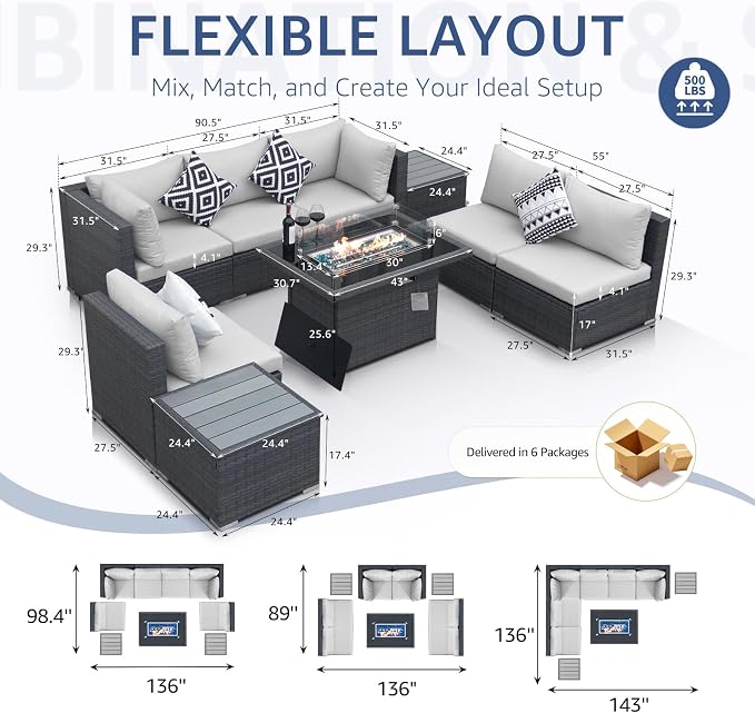 NICESOUL 9 Piece Patio Set with Firepits Natural Gas/Propane, 29.3'' High Back Comfortable L Shape Outdoor Conversations, XL Large Size Deep Seated Wicker Sectional Sofa Furniture Set, Gray