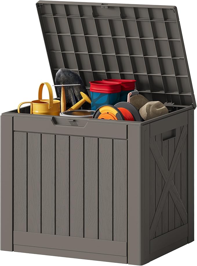 JUMMICO 42 Gallon Deck Box Waterproof, Resin Outdoor Storage Box with Side Handles, Outdoor Storage Benches Lockable for Patio Cushions and Garden Tools (Brown)