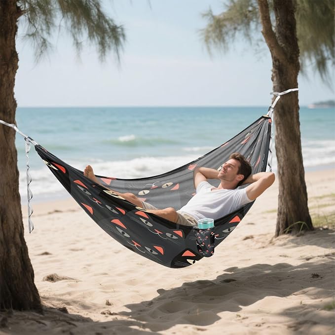 Black Cat Camping Hammock, Portable Lightweight Single Hammock with Tree Straps and Aluminum Carabiners, 114" x 54" Travel Hammock for Hiking Backpacking Beach