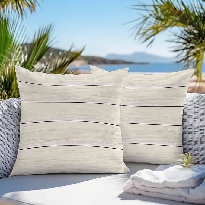 Vandarllin Outdoor Throw Pillow Covers 18X18 Set of 2 Waterproof Ivory White Decorative Zippered Cushion Covers for Patio Furniture, Farmhouse Retro Rustic Barn Wood Texture Lumbar Pillowcases
