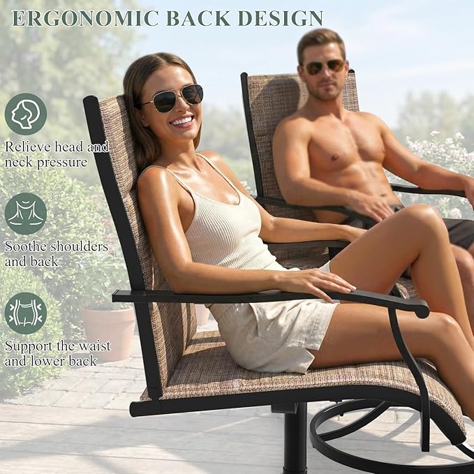 7 Pieces Patio Table and Chairs Set, 63" Metal Dining Table with Umbrella Hole, 6 High Back Textilene Swivel Chairs, Dining Table Set for 6, Outdoor Furniture for Porch Deck Yard Balcony, Brown