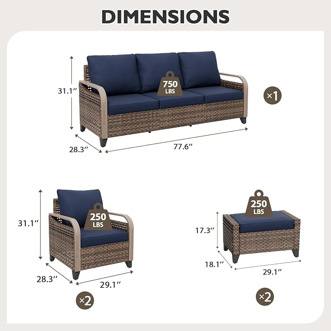EAGLE PEAK Modern Wicker Outdoor Patio Furniture Set, Patio Conversation Set, 2 Chairs, 3-Seat Loveseat and 2 Ottomans, 5 Pieces, Brown/Blue