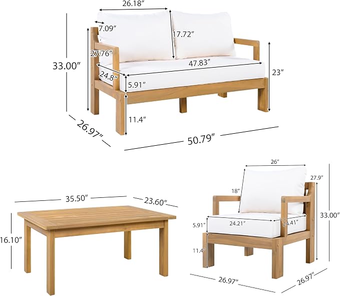Christopher Knight Home Bayah 4 Piece Patio Furniture Set with Removable Cushion, Acacia Wood Outdoor Sectional Sofa Set with Coffee Table, 4 Seater Outdoor Conversation Set, Beige+Natural