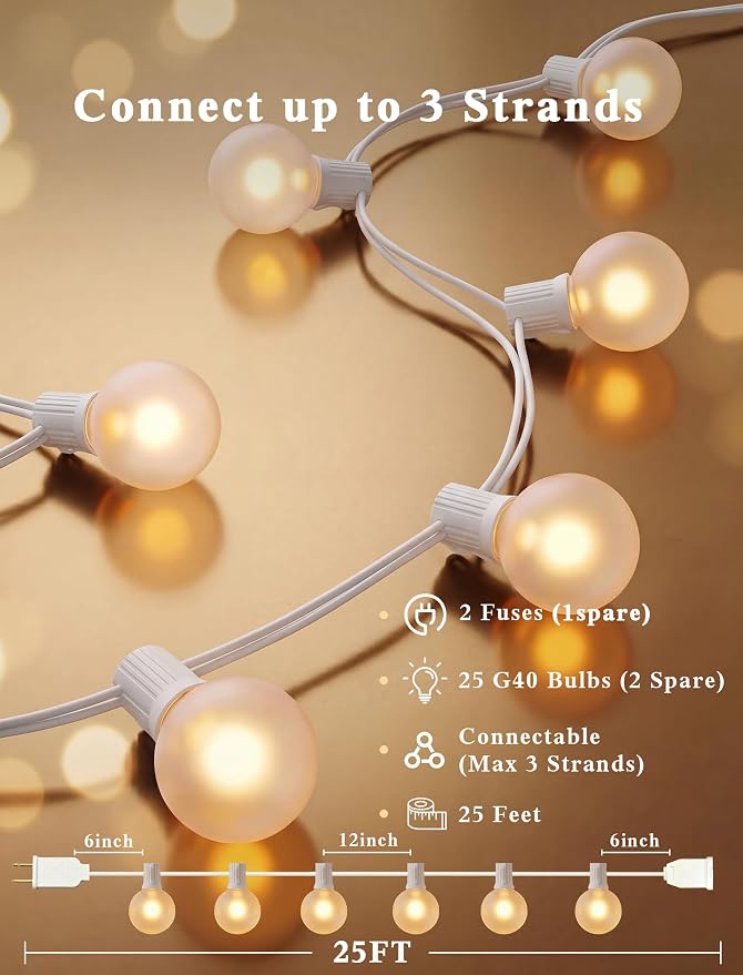 Abeja Outdoor Frosted String Lights G40-25Ft with 27 Clear Bulbs, UL Listed for Patio Garden Umbrella Bars Balcony Party Decor Indoor, E12 Base, 5W, White