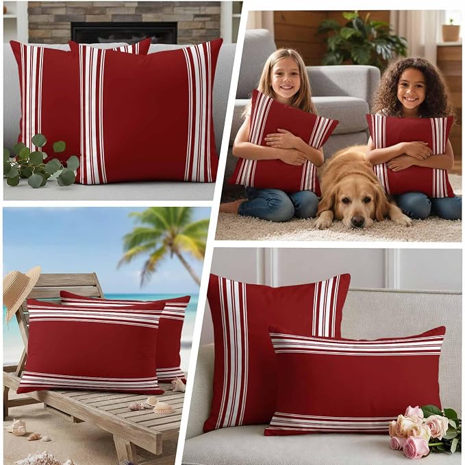 Outdoor Pillow Covers 20x20 Set of 2 Burgundy Red Stripe Outdoor Pillows Waterproof Throw Pillow Covers French Stripe Farmhouse Style Pillowcases Decorative Case for Patio Cushion