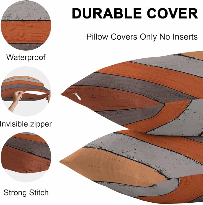 Outdoor Throw Pillow Covers 20X20 Set of 2 Waterproof Ombre Burnt Orange Gray Decorative Zippered Cushion Covers for Patio Furniture, Farmhouse Retro Rustic Barn Wood Texture Lumbar Pillowcases