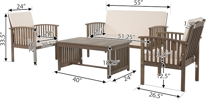 Christopher Knight Home 298932 Beckley Patio Furniture 4 Piece Acacia Wood Outdoor Chat Set, Grey