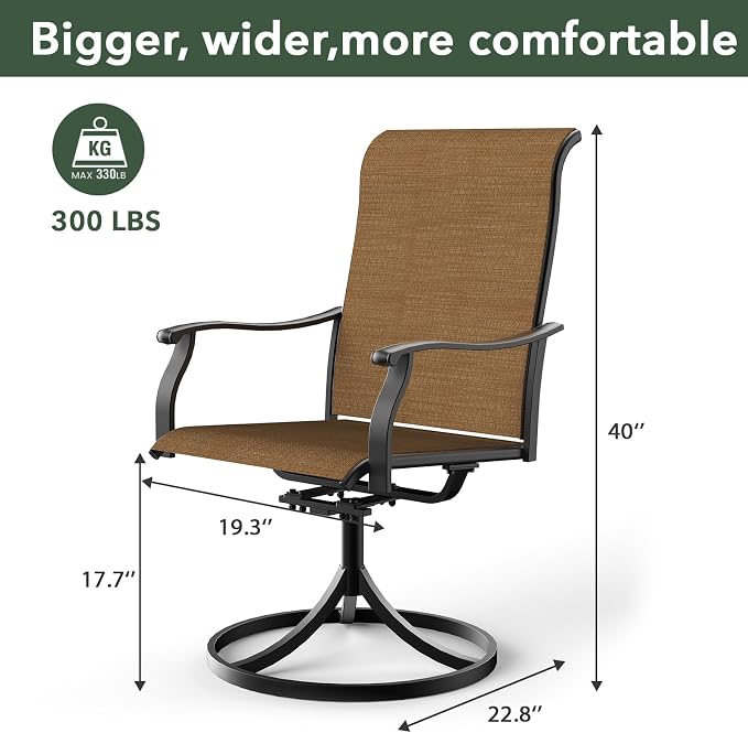 Patio Table and Swivel Chairs Set with Glass Table, BrownYellow Chairs Sty1 | 4 Piece Swivel Chairs: High Back, Retro Armrest, Textilene Fabric, Rocking; 40 inch Round Table: Glass Top; All Weather