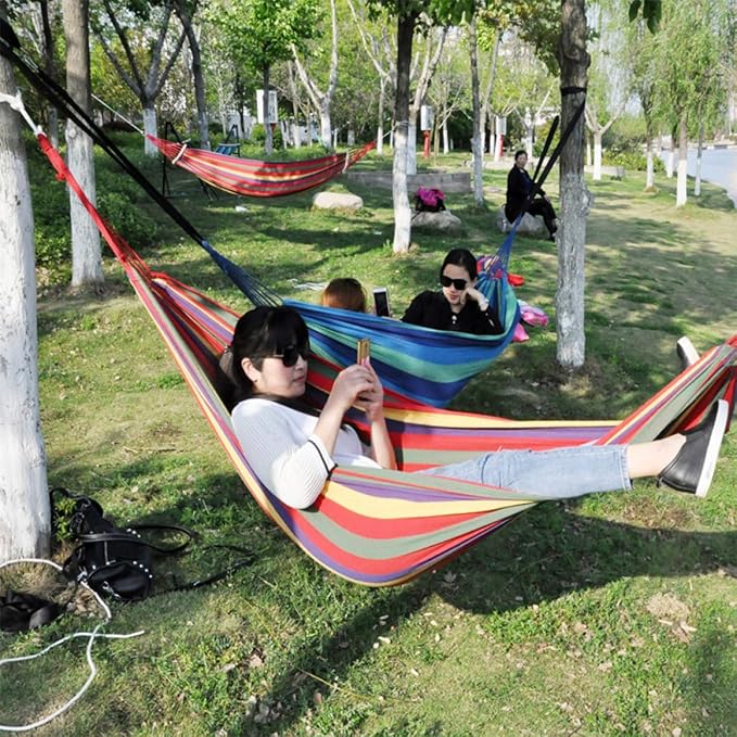 SEWACC Double Thickened Canvas Hammock Swing for Two with Hanging Ropes, 280X150Cm Outdoor Camping Swing Sleeping Bed in Red, Portable Garden Hanging Sleeping Bed
