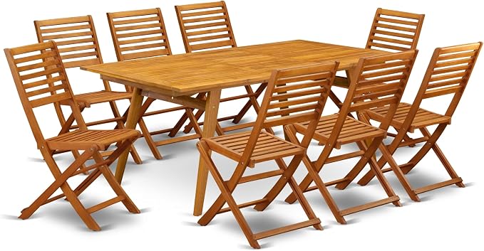 East West Furniture DEBS9CWNA 9 Piece Outdoor Patio Dining Sets Includes a Rectangle Acacia Wood Table and 8 Folding Side Chairs, 40x72 Inch, Natural Oil