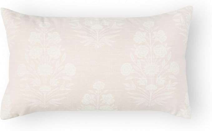 Modern Farmhouse Fall Linen Indoor Outdoor Lumbar Pillow Cover Only, 12"x20" Water Repellent for Patio, Backyard, Couch, Neutral Beige Floral