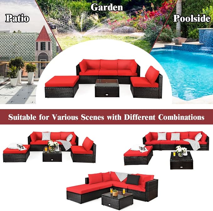 RELAX4LIFE 6-Piece Patio Sofa Set - Outdoor Sectional Sofa Set Wicker Conversation Set w/Table & Removable Cushions, Modular Sofa Set Patio Furniture for Backyard, Poolside, Balcony (Red)