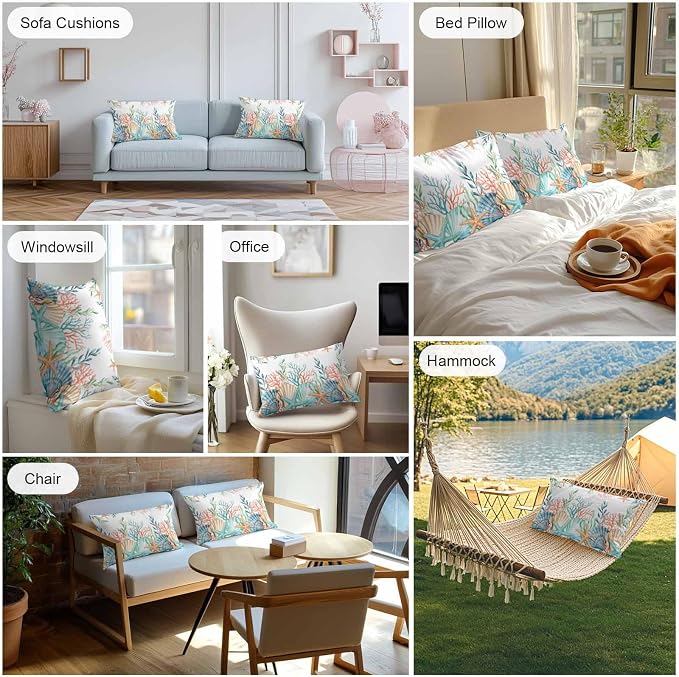 Lumbar Pillow Covers 20x12 Inch Set of 2, Marine Life Waterproof Outdoor Pillow Covers, Nautical Underwater Coral Shell Starfish Watercolor Decorative Cushion Pillowcases for Couch, Sofa, Bed, Patio