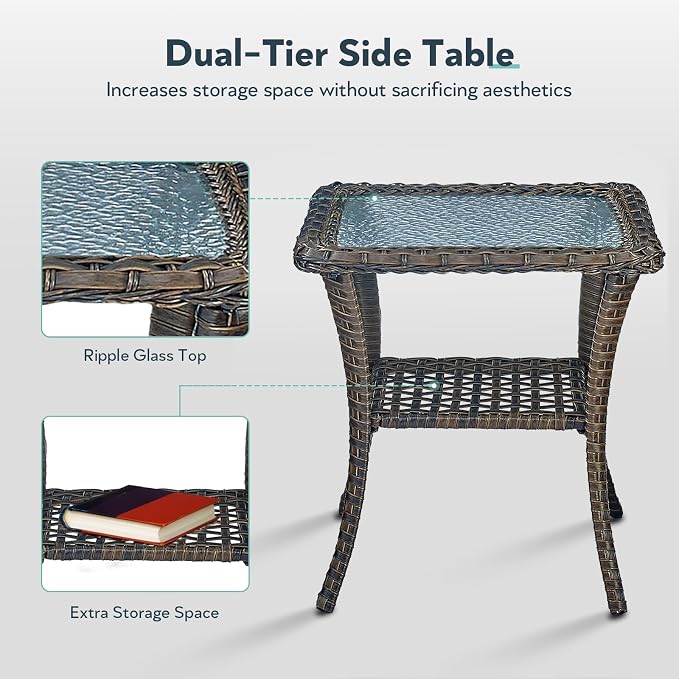 6 Piece Patio Furniture Set - Wicker Patio Conversation Set with Swivel Glider, 3-Seater Sofa, Tempered Glass Side Table and 2 Ottomans for Deck Backyard - Brown Wicker Beige Cushion