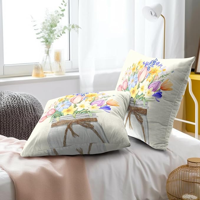 Spring Floral Throw Pillow Covers 22x22 Inch Set of 2 Multi Colored Flowers Mason Jar Easter Holiday Square Pillowcases Cushion Cover for Living Room Couch Bed Sofa Chair Decor