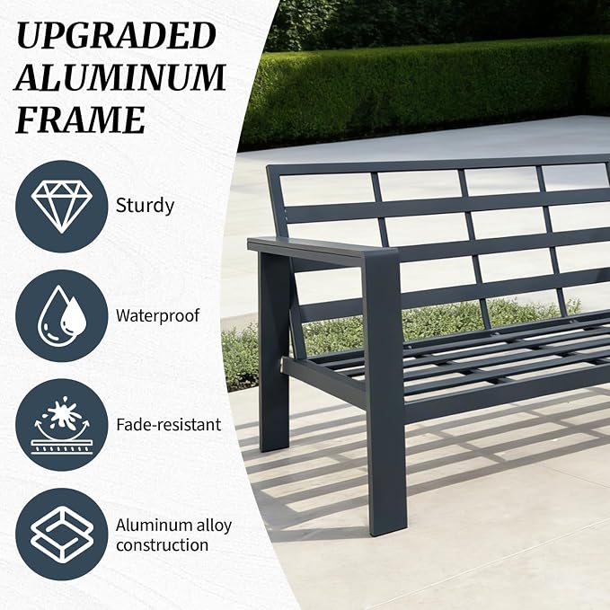 Aluminum Patio Furniture Set, Modern Metal Outdoor Conversation Sectional Sofa with Washable Thick Cushions, Coffee Table and Waterproof Cover (Grey, 1088-4seat)