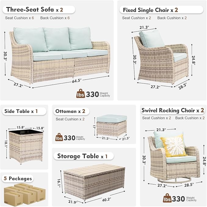 MEISSALIVVE Outdoor Patio Furniture Set with Swivel Chair, 10 Pieces Patio Conversation Set, Patio Sectional Furniture Set with 2 Three-seat Sofa, 2 Fixed Single Chair and Coffee Table (Blue)