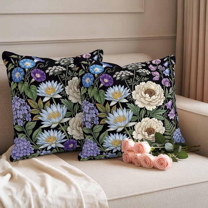 Water Lily Hydrangeas Ferns Outdoor Pillow Covers 26"x26" Set of 2, Botanical Vintage Waterproof Throw Pillow Covers for Patio Furniture, Decorative Cushion Covers for Porch