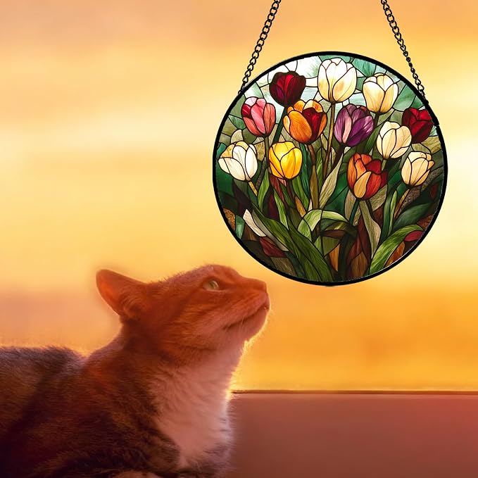 Stained Glass Window Hanging Colorful Tulip 6.3" - Flower Suncatcher Door Garden Sun Catcher Home Plant Decor Birthday Mother's Day for Mom Woman Friend Nana Colleague