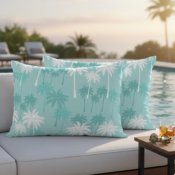 Lumbar Pillow Covers 20x12 Inch Set of 2, Tropical Palm Tree Waterproof Outdoor Pillow Covers, Turquoise White Plants Coastal Leaf Beach Decorative Cushion Pillowcases for Patio, Garden, Couch, Sofa