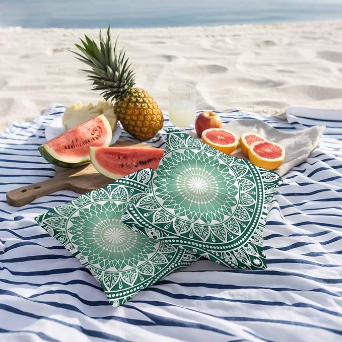 Vandarllin Outdoor Throw Pillows Covers 26x26 inch Set of 2 Waterproof Green Boho Floral Decorative Zippered Cushion Covers for Patio Furniture, Bohemian Sacred Space Art Lumbar Pillowcases